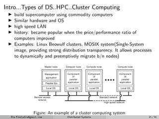 Intro...Types of DS..HPC..Cluster Computing
▶ build supercomputer using commodity computers
▶ Similar hardware and OS
▶ high speed LAN
▶ history: became popular when the price/performance ratio of
computers improved
▶ Examples: Linux Beowulf clusters, MOSIX system(Single-System
image, providing strong distribution transparency. It allows processes
to dynamically and preemptively migrate b/n nodes)
Figure: An example of a cluster computing system
Eta Freetafre@gmail.com Distributed Systems. 21 / 31
 