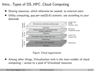 Intro...Types of DS..HPC..Cloud Computing
▶ Sharing resources, which otherwise be wasted, to external users
▶ Utility computing, pay-per-use(SLA) scenario, use according to your
demands
Figure: Cloud organization
▶ Among other things, Virtualization tech is the main enabler of cloud
computing – access to a pool of Virtualized resources
Eta Freetafre@gmail.com Distributed Systems. 23 / 31
 