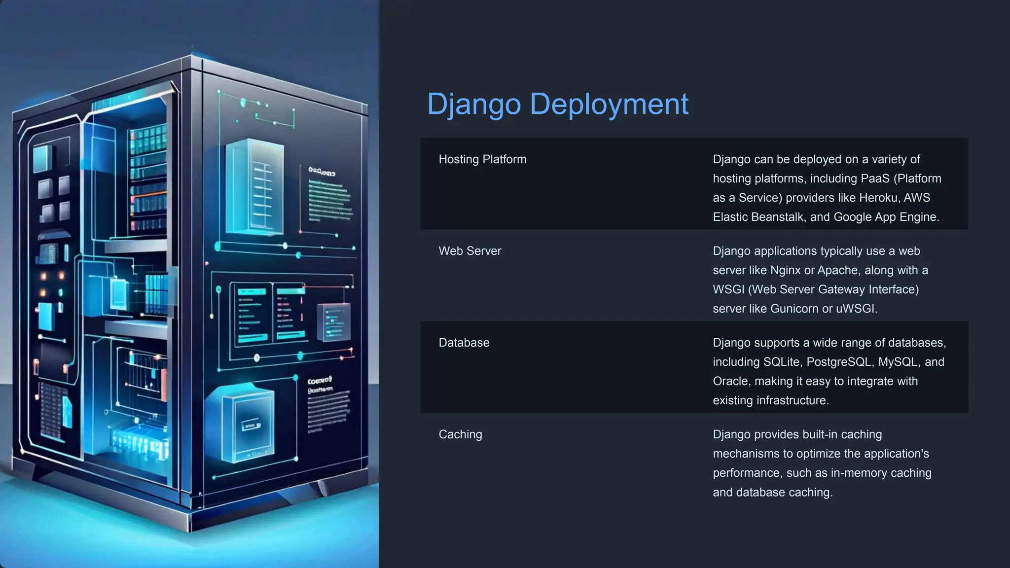 Django Deployment
Hosting Platform Django can be deployed on a variety of
hosting platforms, including PaaS (Platform
as a Service) providers like Heroku, AWS
Elastic Beanstalk, and Google App Engine.
Web Server Django applications typically use a web
server like Nginx or Apache, along with a
WSGI (Web Server Gateway Interface)
server like Gunicorn or uWSGI.
Database Django supports a wide range of databases,
including SQLite, PostgreSQL, MySQL, and
Oracle, making it easy to integrate with
existing infrastructure.
Caching Django provides built-in caching
mechanisms to optimize the application's
performance, such as in-memory caching
and database caching.
 