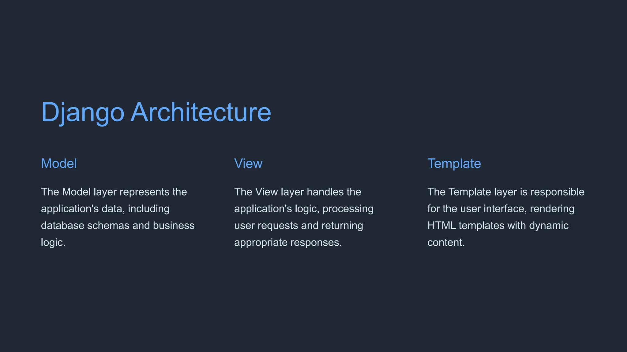 Django Architecture
Model
The Model layer represents the
application's data, including
database schemas and business
logic.
View
The View layer handles the
application's logic, processing
user requests and returning
appropriate responses.
Template
The Template layer is responsible
for the user interface, rendering
HTML templates with dynamic
content.
 