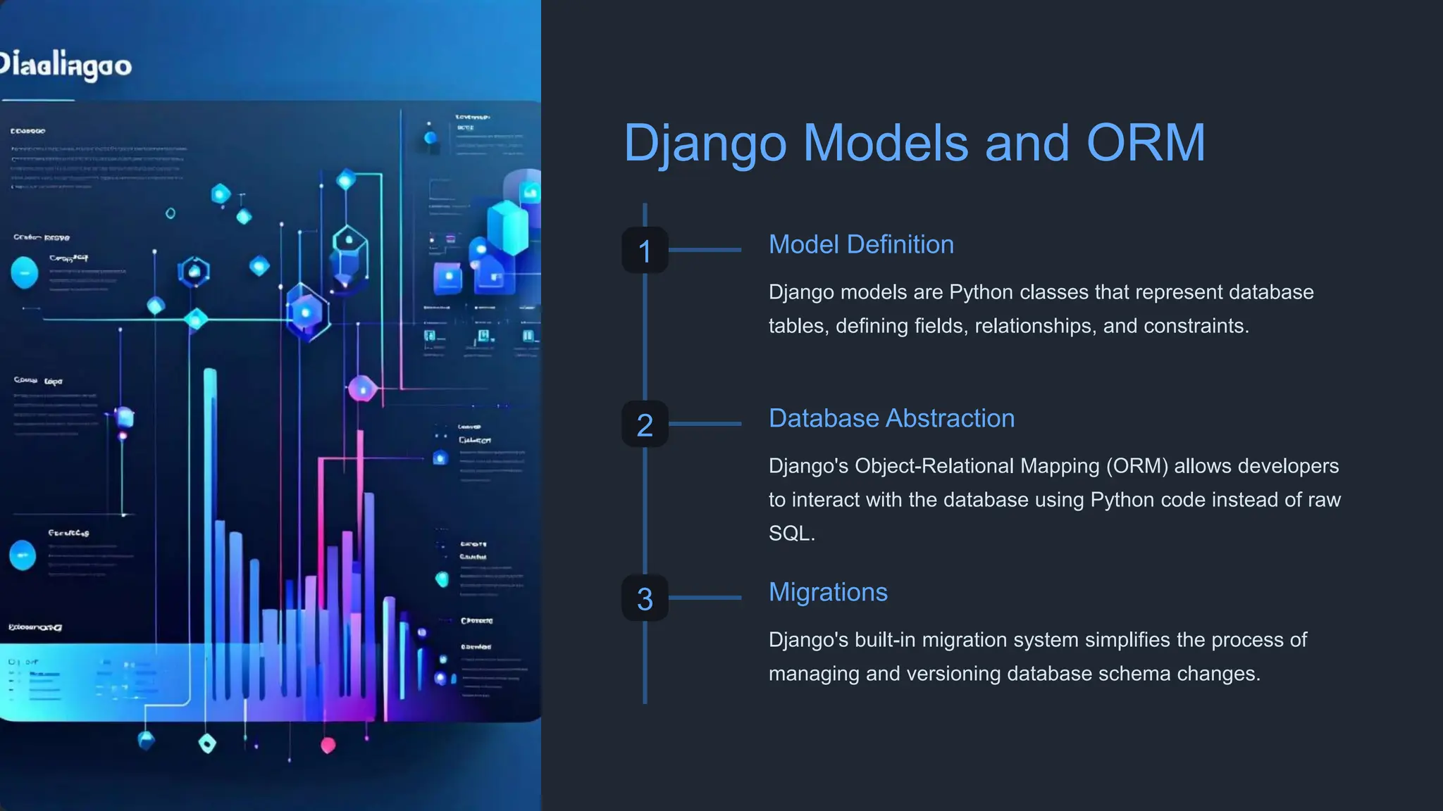 Django Models and ORM
1 Model Definition
Django models are Python classes that represent database
tables, defining fields, relationships, and constraints.
2 Database Abstraction
Django's Object-Relational Mapping (ORM) allows developers
to interact with the database using Python code instead of raw
SQL.
3 Migrations
Django's built-in migration system simplifies the process of
managing and versioning database schema changes.
 