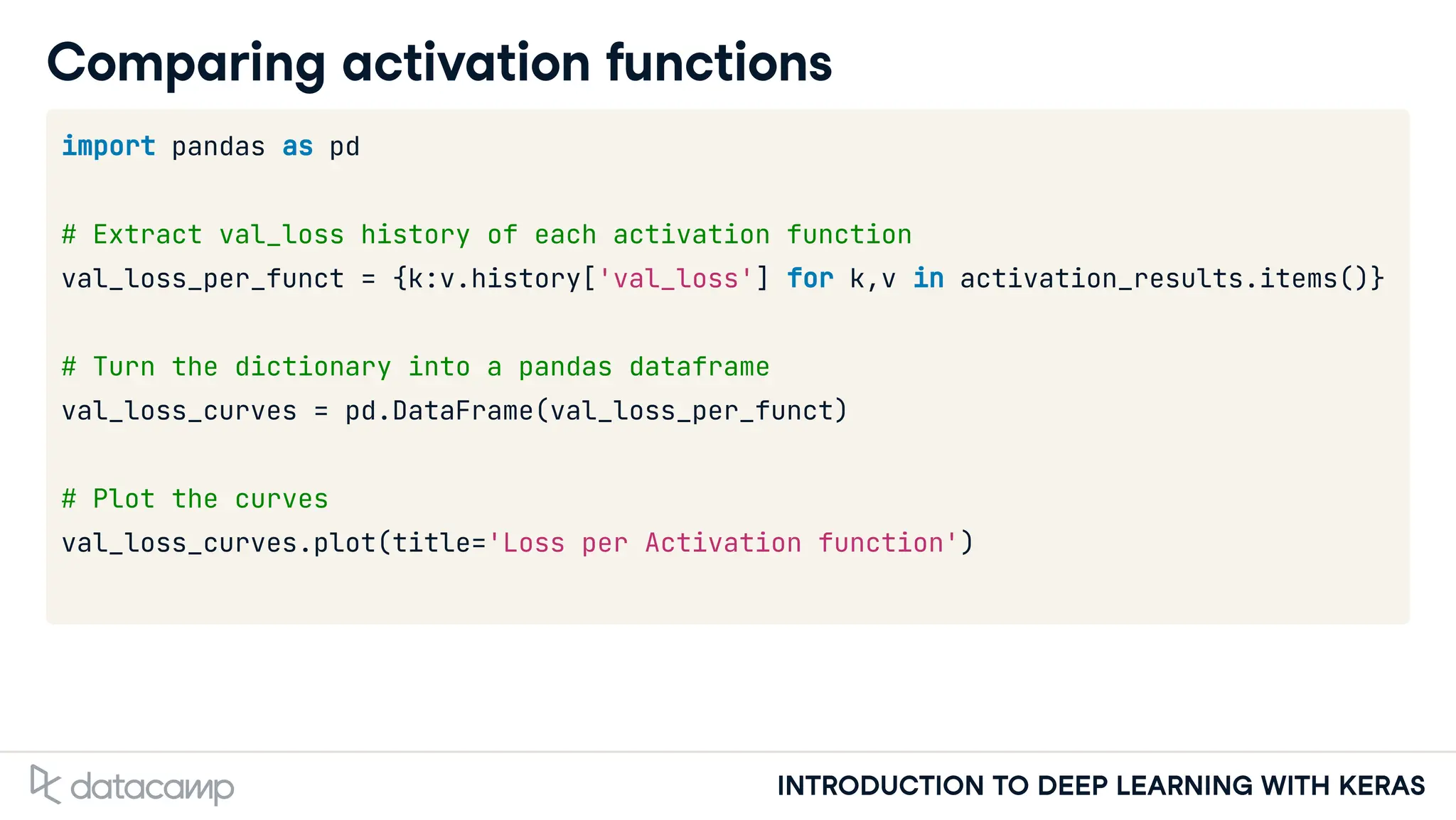 INTRODUCTION TO DEEP LEARNING WITH KERAS
Comparing activation functions
import pandas as pd
# Extract val_loss history of each activation function
val_loss_per_funct = {k:v.history['val_loss'] for k,v in activation_results.items()}
# Turn the dictionary into a pandas dataframe
val_loss_curves = pd.DataFrame(val_loss_per_funct)
# Plot the curves
val_loss_curves.plot(title='Loss per Activation function')
 