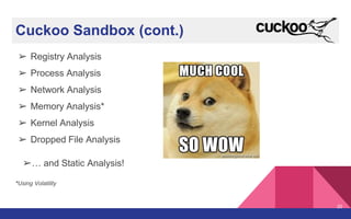 Cuckoo Sandbox (cont.)
➢ Registry Analysis
➢ Process Analysis
➢ Network Analysis
➢ Memory Analysis*
➢ Kernel Analysis
➢ Dropped File Analysis
➢… and Static Analysis!
*Using Volatility
20
 