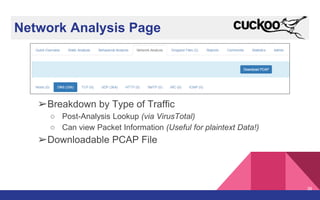 Network Analysis Page
➢Breakdown by Type of Traffic
○ Post-Analysis Lookup (via VirusTotal)
○ Can view Packet Information (Useful for plaintext Data!)
➢Downloadable PCAP File
36
 