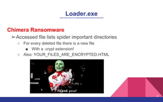 Loader.exesha256: ffb4a81fc336b1d77c81eef96eab0a5249ebb053c8920dd0c02e1d9f3ac257b0
Chimera Ransomware
➢Accessed file lists spider important directories
○ For every deleted file there is a new file
■ With a .crypt extension!
○ Also: YOUR_FILES_ARE_ENCRYPTED.HTML
57
 