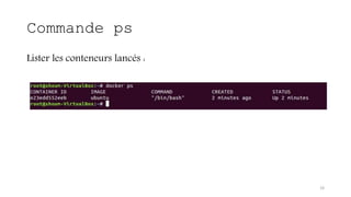 Commande ps
Lister les conteneurs lancés :
19
 