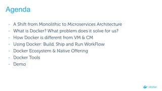 Agenda
- A Shift from Monolithic to Microservices Architecture
- What is Docker? What problem does it solve for us?
- How Docker is different from VM & CM
- Using Docker: Build, Ship and Run WorkFlow
- Docker Ecosystem & Native Offering
- Docker Tools
- Demo
 
