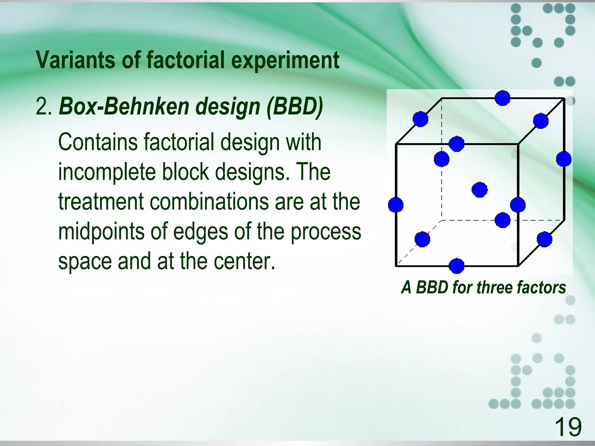 Variants of factorial experiment
19
2. Box-Behnken design (BBD)
Contains factorial design with
incomplete block designs. The
treatment combinations are at the
midpoints of edges of the process
space and at the center.
A BBD for three factors
 