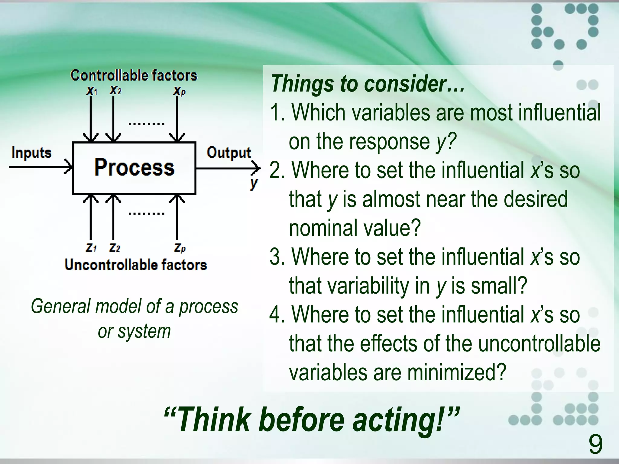 General model of a process
or system
Things to consider…
1. Which variables are most influential
on the response y?
2. Where to set the influential x’s so
that y is almost near the desired
nominal value?
3. Where to set the influential x’s so
that variability in y is small?
4. Where to set the influential x’s so
that the effects of the uncontrollable
variables are minimized?
9
“Think before acting!”
 