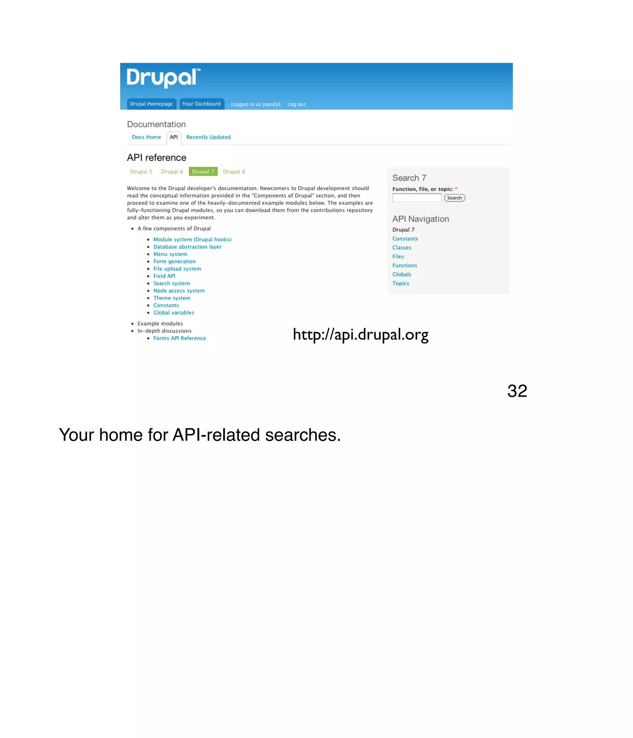 http://api.drupal.org Your home for API-related searches. 32 