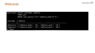 Wildcards
cqlsh:test> SELECT username, address
FROM user
WHERE solr_query='{"q":"address_home:U*"}';
username | address
-----------+----------------------------------------------------
sbtourist | {‘address_home': 'UK', ‘address_work': 'UK'}
thegrinch | {‘address_home': 'US', ‘address_work': 'HQ'}
(2 rows)
 