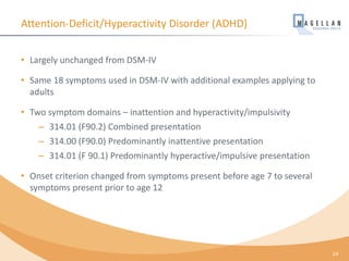 Attention-Deficit/Hyperactivity Disorder (ADHD)
• Largely unchanged from DSM-IV
• Same 18 symptoms used in DSM-IV with additional examples applying to
adults
• Two symptom domains – inattention and hyperactivity/impulsivity
– 314.01 (F90.2) Combined presentation
– 314.00 (F90.0) Predominantly inattentive presentation
– 314.01 (F 90.1) Predominantly hyperactive/impulsive presentation
• Onset criterion changed from symptoms present before age 7 to several
symptoms present prior to age 12
24
 