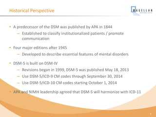 Historical Perspective
• A predecessor of the DSM was published by APA in 1844
– Established to classify institutionalized patients / promote
communication
• Four major editions after 1945
– Developed to describe essential features of mental disorders
• DSM-5 is built on DSM-IV
– Revisions began in 1999, DSM-5 was published May 18, 2013
– Use DSM-5/ICD-9 CM codes through September 30, 2014
– Use DSM-5/ICD-10 CM codes starting October 1, 2014
• APA and NIMH leadership agreed that DSM-5 will harmonize with ICD-11
4
 