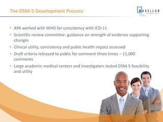 • APA worked with WHO for consistency with ICD-11
• Scientific review committee: guidance on strength of evidence supporting
changes
• Clinical utility, consistency and public health impact assessed
• Draft criteria released to public for comment three times – 11,000
comments
• Large academic medical centers and investigators tested DSM-5 feasibility
and utility
The DSM-5 Development Process
6
 