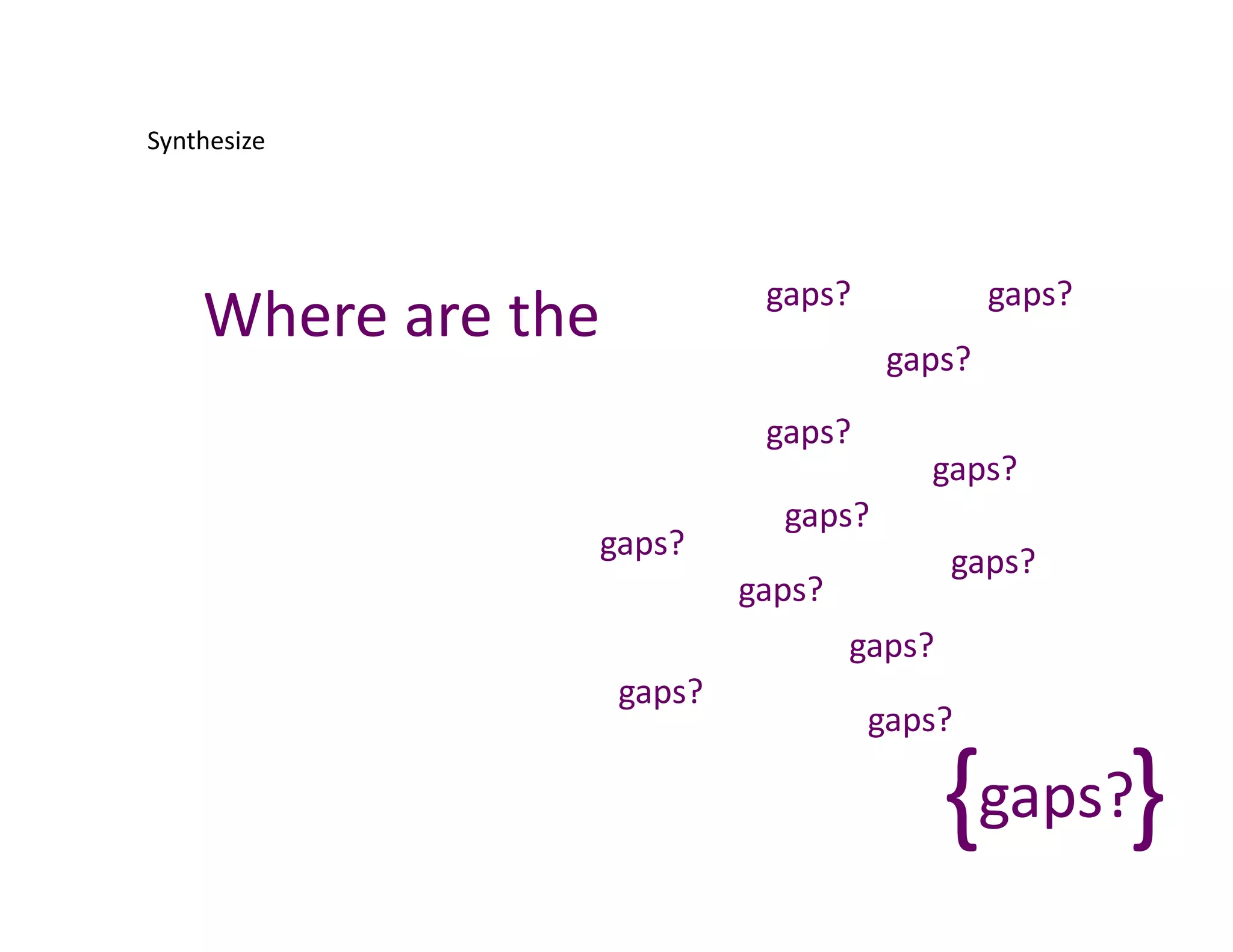 Synthesize	
  




                                              gaps?	
                   gaps?	
  
      Where	
  are	
  the	
  
                                                            gaps?	
  
                                              gaps?	
  
                                                                gaps?	
  
                                                gaps?	
  
                            gaps?	
  
                                                                    gaps?	
  
                                            gaps?	
  
                                                        gaps?	
  
                                gaps?	
  
                                                          gaps?	
  

                                                                 {	
   }	
  
                                                                  gaps?	
  
 