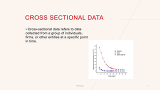 CROSS SECTIONAL DATA
• Cross-sectional data refers to data
collected from a group of individuals,
firms, or other entities at a specific point
in time.
Pitch Deck 7
 