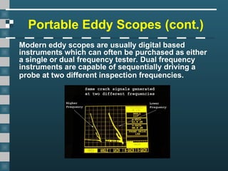 Portable Eddy Scopes (cont.)
Modern eddy scopes are usually digital based
instruments which can often be purchased as either
a single or dual frequency tester. Dual frequency
instruments are capable of sequentially driving a
probe at two different inspection frequencies.
 