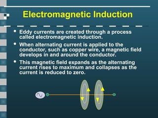 Electromagnetic Induction
 Eddy currents are created through a process
called electromagnetic induction.
 When alternating current is applied to the
conductor, such as copper wire, a magnetic field
develops in and around the conductor.
 This magnetic field expands as the alternating
current rises to maximum and collapses as the
current is reduced to zero.
 
