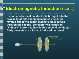 Electromagnetic Induction (cont.)
If another electrical conductor is brought into the
proximity of this changing magnetic field, the
reverse effect will occur. Magnetic field cutting
through the second conductor will cause an
“induced” current to flow in this second conductor.
Eddy currents are a form of induced currents!
Current Flow
 