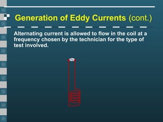 Generation of Eddy Currents (cont.)
Alternating current is allowed to flow in the coil at a
frequency chosen by the technician for the type of
test involved.
 
