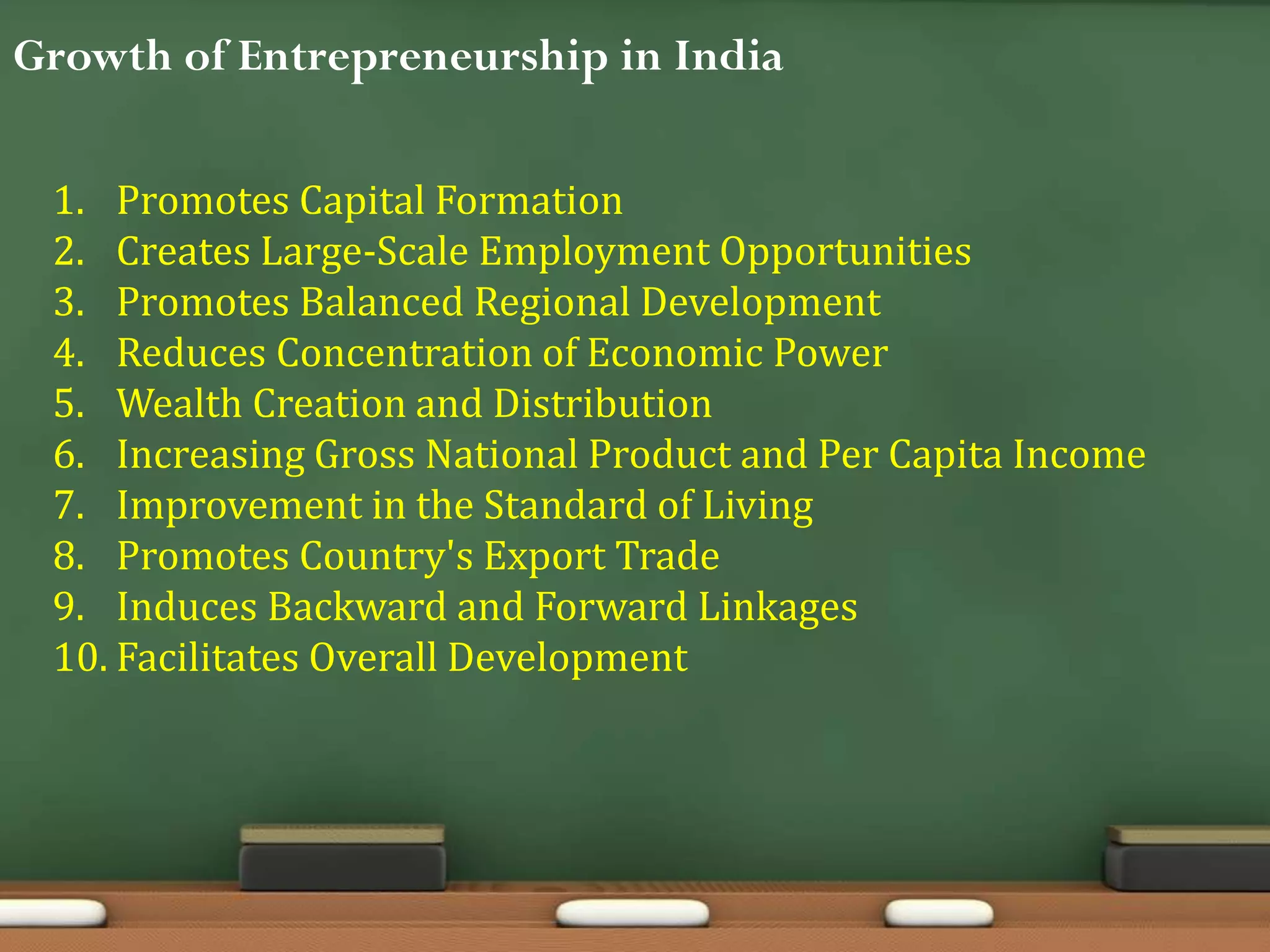 Growth of Entrepreneurship in India
1. Promotes Capital Formation
2. Creates Large-Scale Employment Opportunities
3. Promotes Balanced Regional Development
4. Reduces Concentration of Economic Power
5. Wealth Creation and Distribution
6. Increasing Gross National Product and Per Capita Income
7. Improvement in the Standard of Living
8. Promotes Country's Export Trade
9. Induces Backward and Forward Linkages
10. Facilitates Overall Development
 