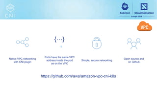 Native VPC networking
with CNI plugin
Pods have the same VPC
address inside the pod
as on the VPC
Simple, secure networking
Open source and
on Github
…{ }
https://github.com/aws/amazon-vpc-cni-k8s
 