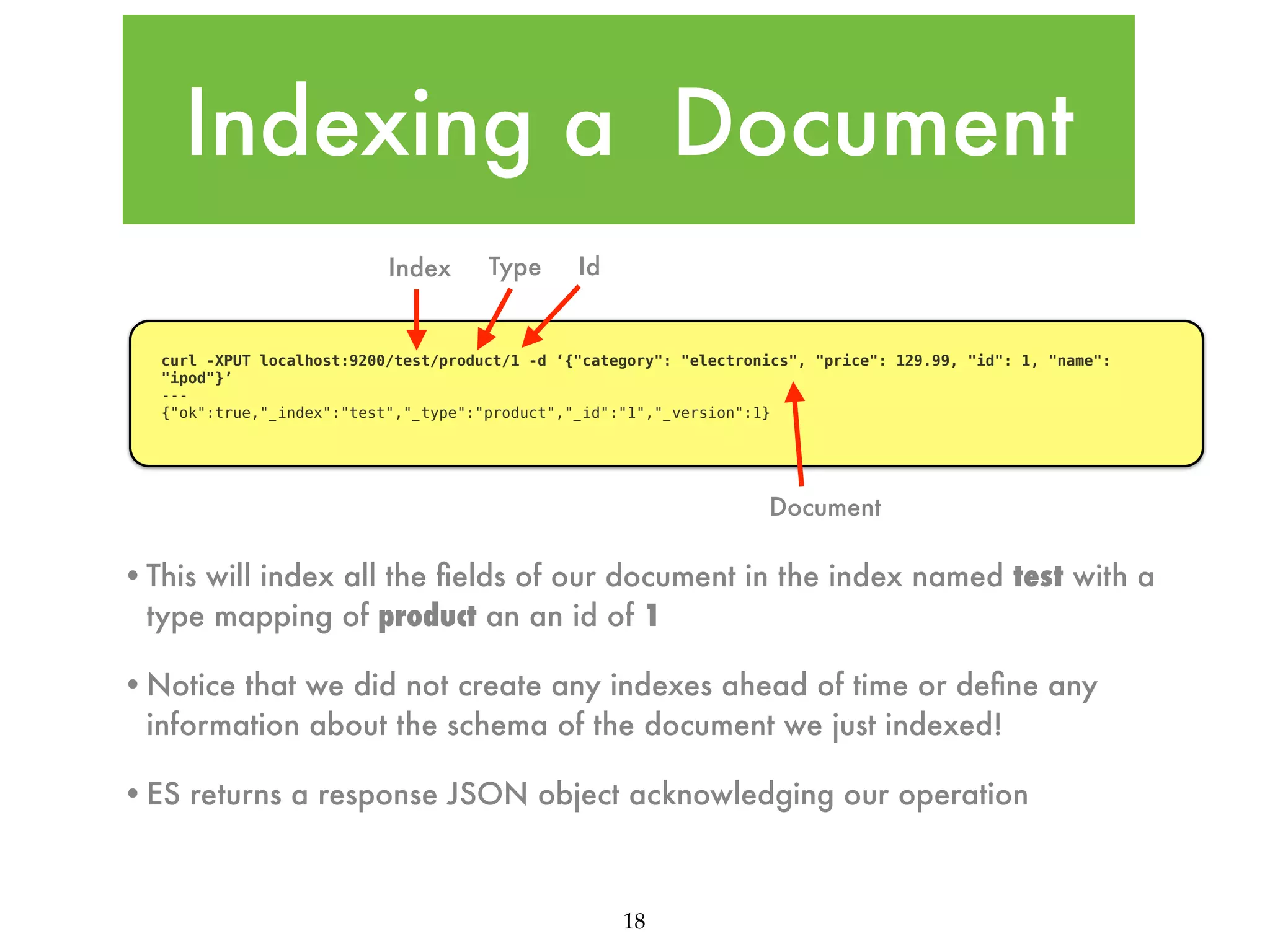 Indexing a Document Index Type Id curl -XPUT localhost:9200/test/product/1 -d ‘{"category": "electronics", "price": 129.99, "id": 1, "name": "ipod"}’ --{"ok":true,"_index":"test","_type":"product","_id":"1","_version":1} Document •This will index all the ﬁelds of our document in the index named test with a type mapping of product an an id of 1 •Notice that we did not create any indexes ahead of time or deﬁne any information about the schema of the document we just indexed! •ES returns a response JSON object acknowledging our operation 18 