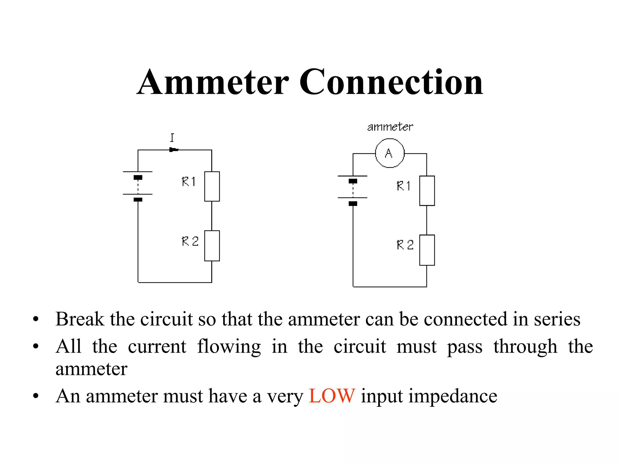 Ammeter Connection
• Break the circuit so that the ammeter can be connected in series
• All the current flowing in the circuit must pass through the
ammeter
• An ammeter must have a very LOW input impedance
 