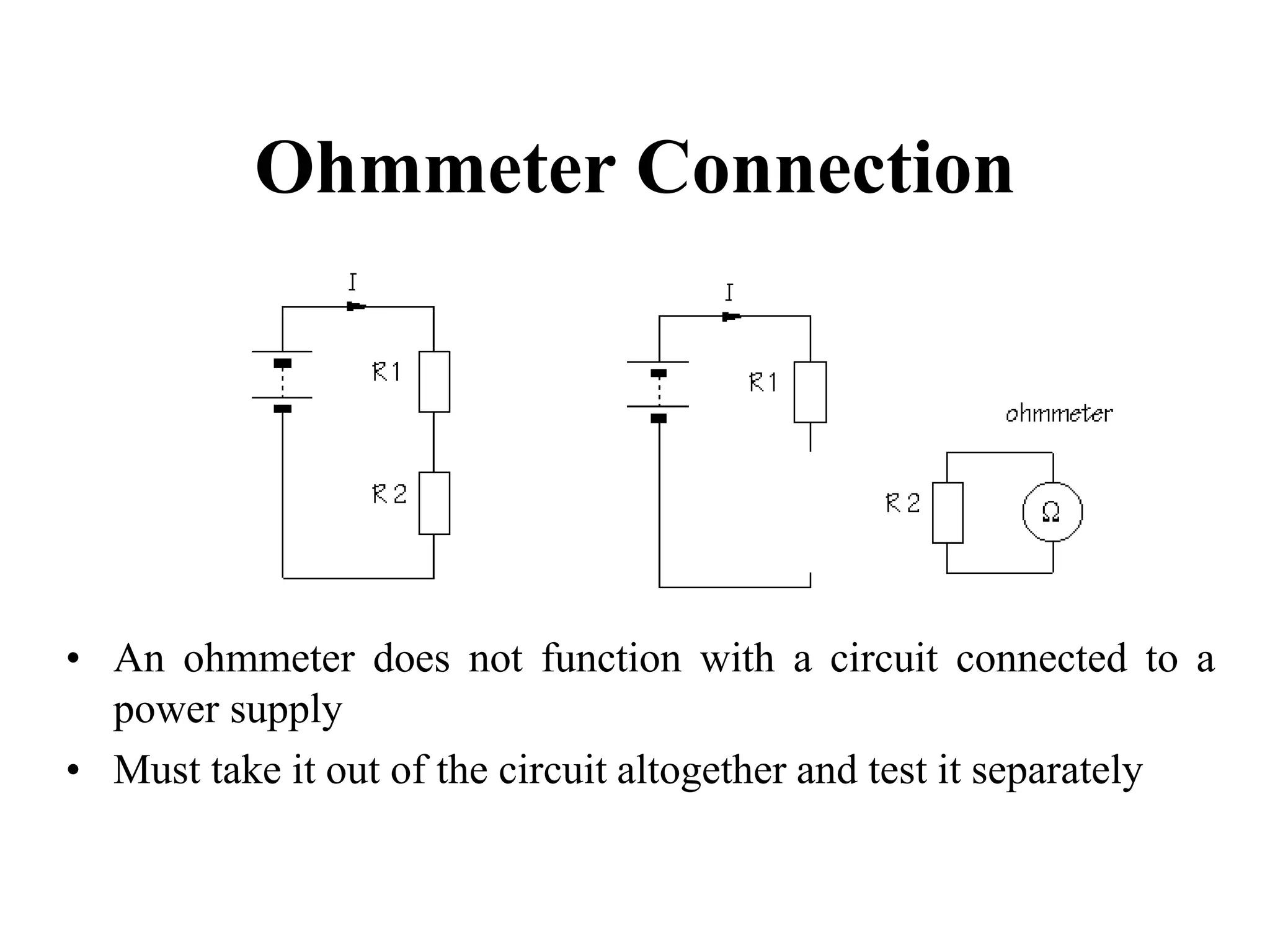 Ohmmeter Connection
• An ohmmeter does not function with a circuit connected to a
power supply
• Must take it out of the circuit altogether and test it separately
 