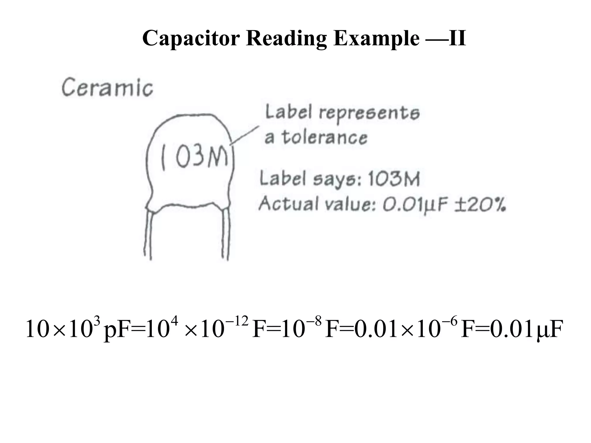 Capacitor Reading Example —II
3 4 12 8 6
10 10 pF=10 10 F=10 F=0.01 10 F=0.01μF  
  
 