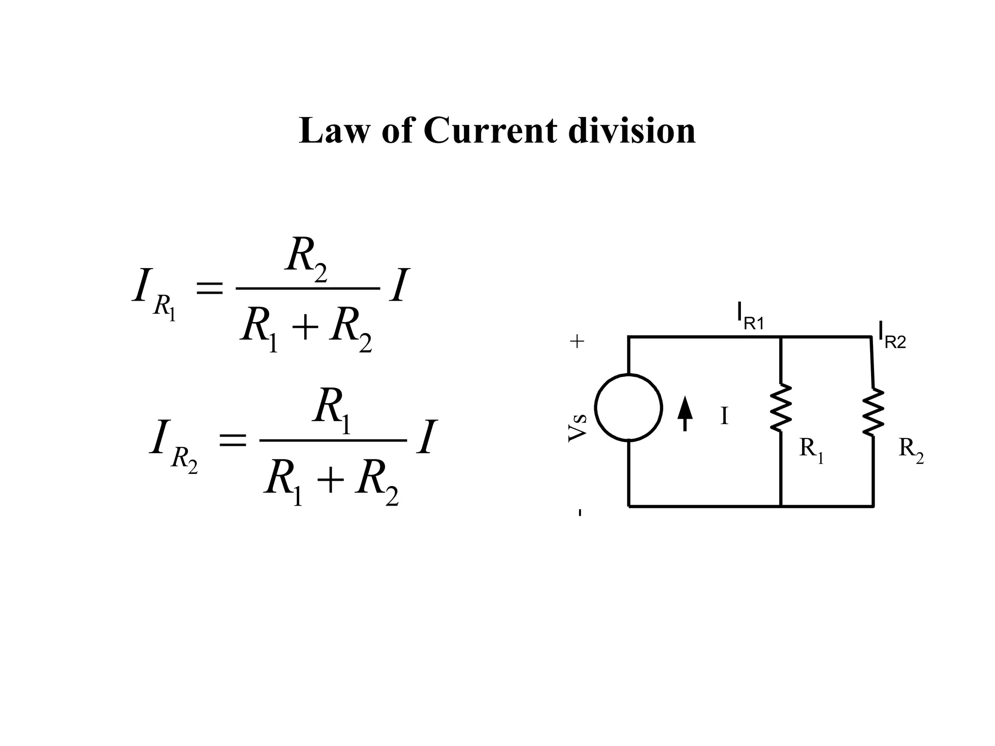 Law of Current division
R1 R2
-Vs+
I
IR2
IR1
2
1
1 2
R
R
I I
R R


1
2
1 2
R
R
I I
R R


 