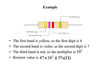 Example
• The first band is yellow, so the first digit is 4
• The second band is violet, so the second digit is 7
• The third band is red, so the multiplier is
• Resistor value is )
%(
5
10
47 2
W


2
10
 