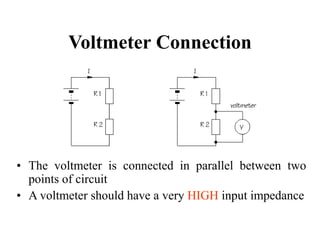 Voltmeter Connection
• The voltmeter is connected in parallel between two
points of circuit
• A voltmeter should have a very HIGH input impedance
 