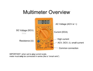 Multimeter Overview
DC Voltage (DCV)
Resistance (Ω)
Current (DCA)
AC Voltage (ACV or ~)
Common connection
High current
ACV, DCV, Ω, small current
IMPORTANT: when set to any current scale,
meter must only be connected in series (like a “smart wire”)
 