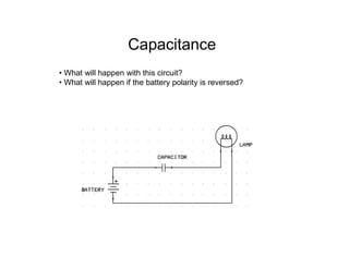 Capacitance
• What will happen with this circuit?
• What will happen if the battery polarity is reversed?
 