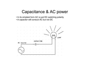 Capacitance & AC power
• In its simplest form AC is just DC switching polarity
• A capacitor will conduct AC but not DC
 