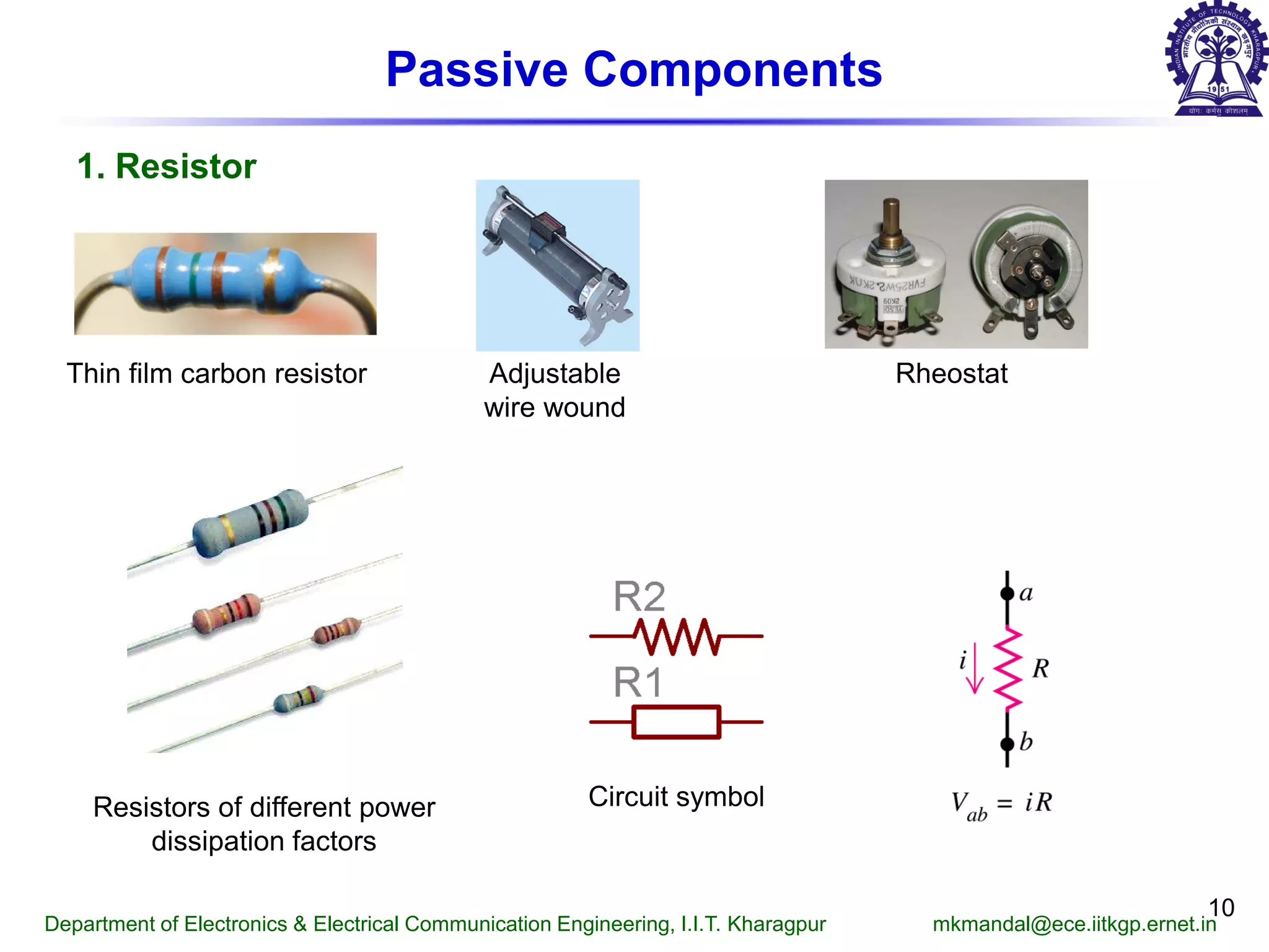 10
Passive Components
1. Resistor
Thin film carbon resistor Adjustable
wire wound
Rheostat
Resistors of different power
dissipation factors
Circuit symbol
Department of Electronics & Electrical Communication Engineering, I.I.T. Kharagpur mkmandal@ece.iitkgp.ernet.in
 
