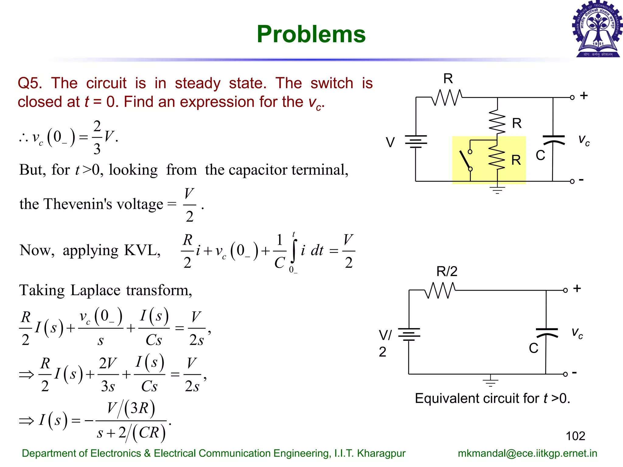 Problems
102
Department of Electronics & Electrical Communication Engineering, I.I.T. Kharagpur mkmandal@ece.iitkgp.ernet.in
Q5. The circuit is in steady state. The switch is
closed at t = 0. Find an expression for the vc.
( )
( )
( )
( ) ( )
( )
( )
( )
( )
0
2
0 .
3
But, for >0, looking from the capacitor terminal,
the Thevenin's voltage = .
2
1
Now, applying KVL, 0
2 2
Taking Laplace transform,
0
,
2 2
2
,
2 3 2
3
2
c
t
c
c
v V
t
V
R V
i v i dt
C
v I sR V
I s
s Cs s
I sR V V
I s
s Cs s
V R
I s
s C
−
−
−
−
∴ =
+ + =
+ + =
⇒ + + =
⇒ =−
+
∫
( )
.
R
R
+
-
vc
C
V
R
R
R/2
+
-
vc
C
V/
2
Equivalent circuit for t >0.
 