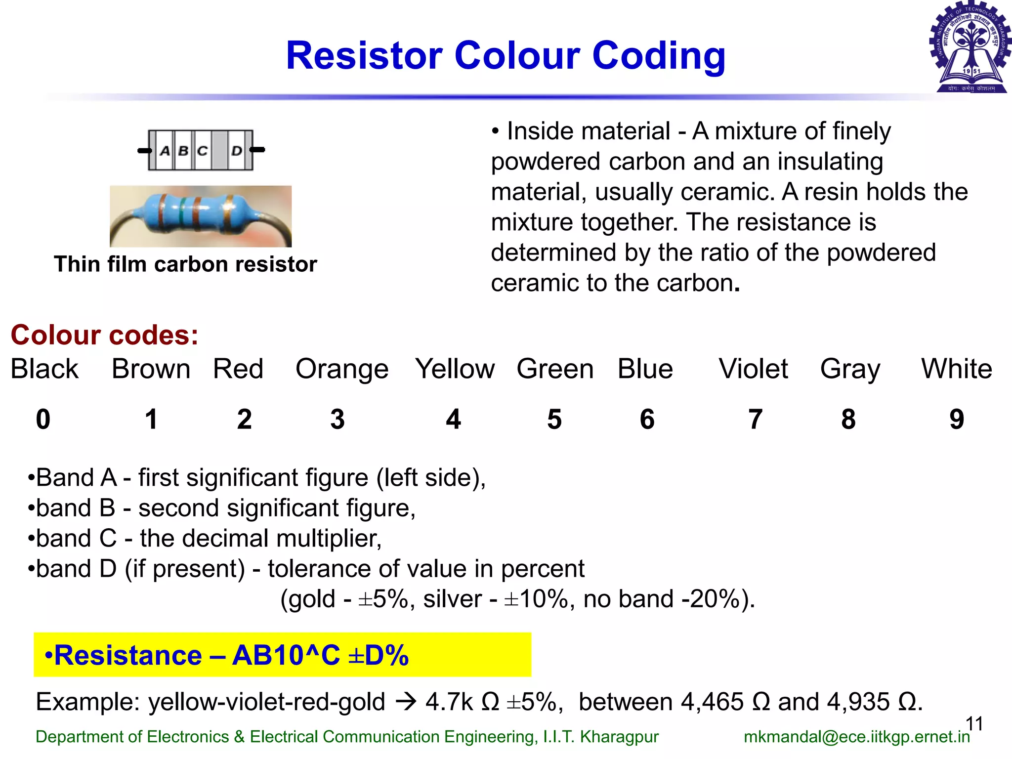 11
Resistor Colour Coding
Thin film carbon resistor
•Band A - first significant figure (left side),
•band B - second significant figure,
•band C - the decimal multiplier,
•band D (if present) - tolerance of value in percent
(gold - ±5%, silver - ±10%, no band -20%).
• Inside material - A mixture of finely
powdered carbon and an insulating
material, usually ceramic. A resin holds the
mixture together. The resistance is
determined by the ratio of the powdered
ceramic to the carbon.
Black Brown Red Orange Yellow Green Blue Violet Gray White
0 1 2 3 4 5 6 7 8 9
Colour codes:
•Resistance – AB10^C ±D%
Example: yellow-violet-red-gold  4.7k Ω ±5%, between 4,465 Ω and 4,935 Ω.
Department of Electronics & Electrical Communication Engineering, I.I.T. Kharagpur mkmandal@ece.iitkgp.ernet.in
 