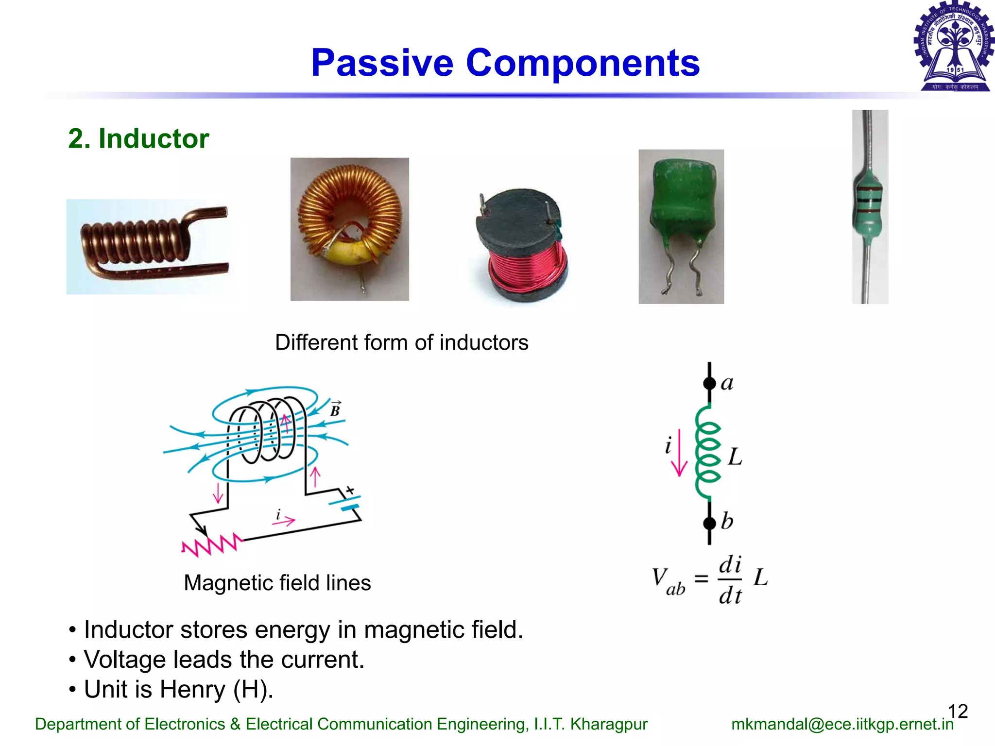 12
2. Inductor
Passive Components
Different form of inductors
Magnetic field lines
• Inductor stores energy in magnetic field.
• Voltage leads the current.
• Unit is Henry (H).
Department of Electronics & Electrical Communication Engineering, I.I.T. Kharagpur mkmandal@ece.iitkgp.ernet.in
 