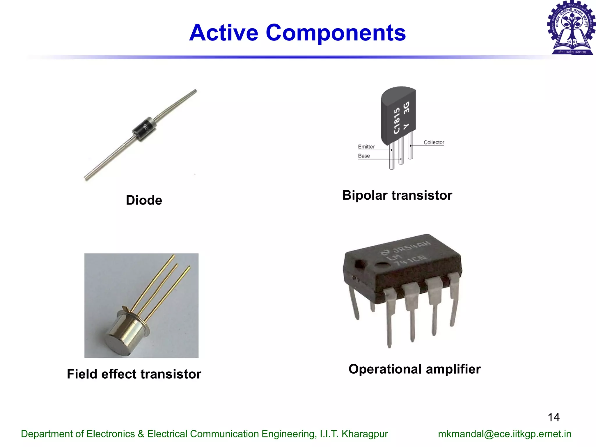 Active Components
Diode Bipolar transistor
Field effect transistor Operational amplifier
Department of Electronics & Electrical Communication Engineering, I.I.T. Kharagpur mkmandal@ece.iitkgp.ernet.in
14
 