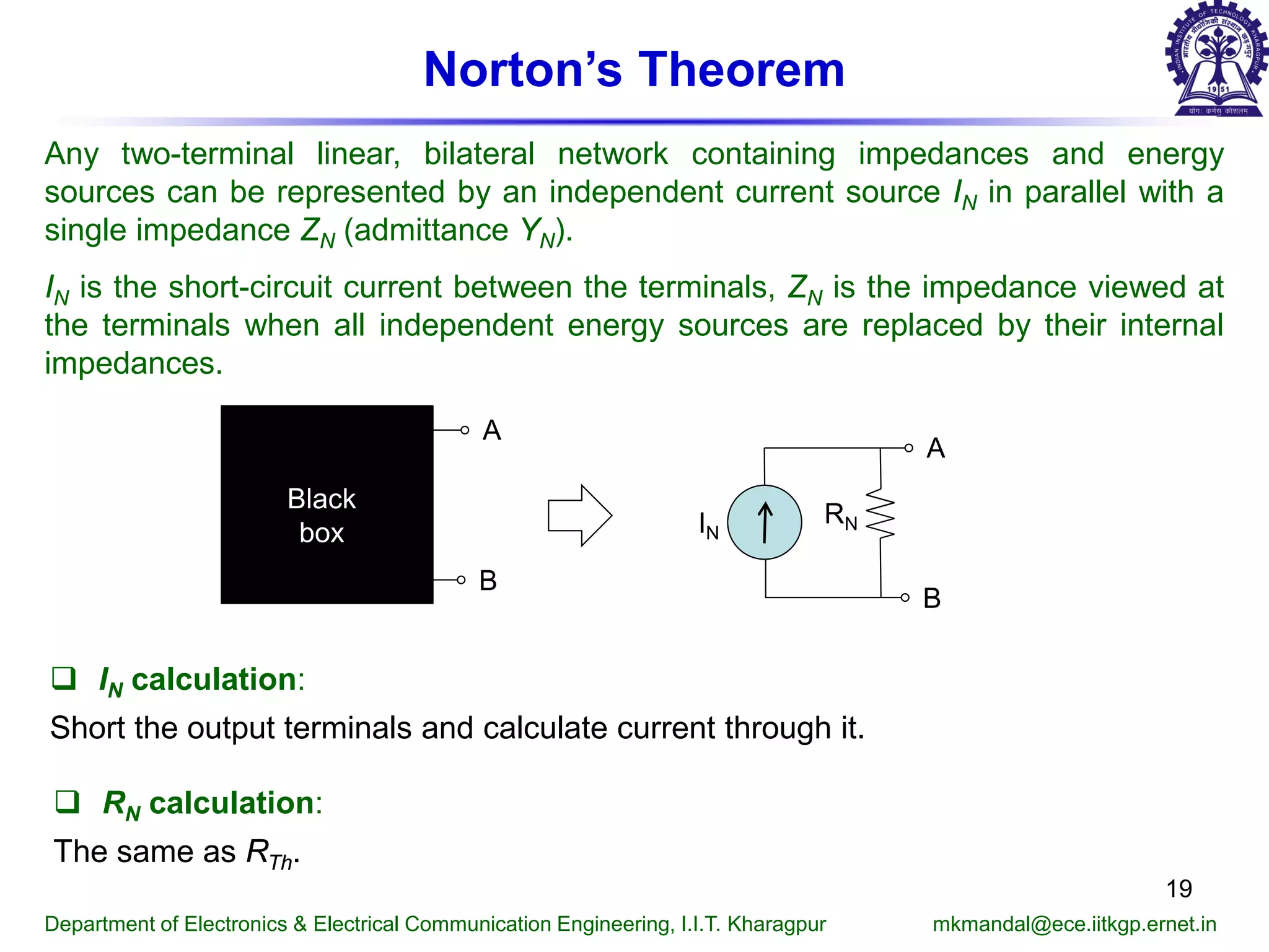 Norton’s Theorem
Any two-terminal linear, bilateral network containing impedances and energy
sources can be represented by an independent current source IN in parallel with a
single impedance ZN (admittance YN).
IN is the short-circuit current between the terminals, ZN is the impedance viewed at
the terminals when all independent energy sources are replaced by their internal
impedances.
 IN calculation:
Short the output terminals and calculate current through it.
 RN calculation:
The same as RTh.
Department of Electronics & Electrical Communication Engineering, I.I.T. Kharagpur mkmandal@ece.iitkgp.ernet.in
A
B
Black
box IN
RN
A
B
19
 