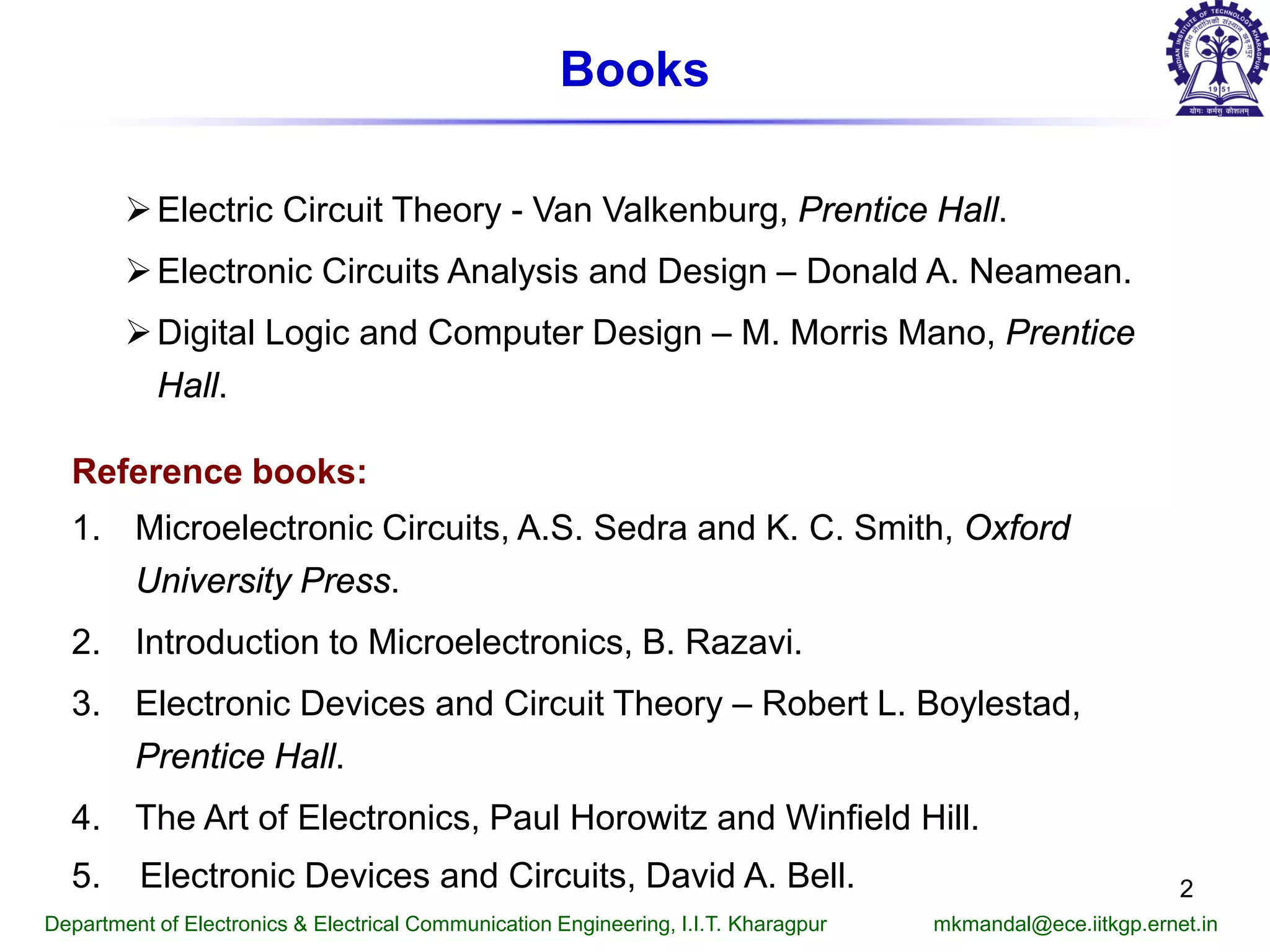 Books
Electric Circuit Theory - Van Valkenburg, Prentice Hall.
Electronic Circuits Analysis and Design – Donald A. Neamean.
Digital Logic and Computer Design – M. Morris Mano, Prentice
Hall.
Reference books:
1. Microelectronic Circuits, A.S. Sedra and K. C. Smith, Oxford
University Press.
2. Introduction to Microelectronics, B. Razavi.
3. Electronic Devices and Circuit Theory – Robert L. Boylestad,
Prentice Hall.
4. The Art of Electronics, Paul Horowitz and Winfield Hill.
5. Electronic Devices and Circuits, David A. Bell.
Department of Electronics & Electrical Communication Engineering, I.I.T. Kharagpur mkmandal@ece.iitkgp.ernet.in
2
 