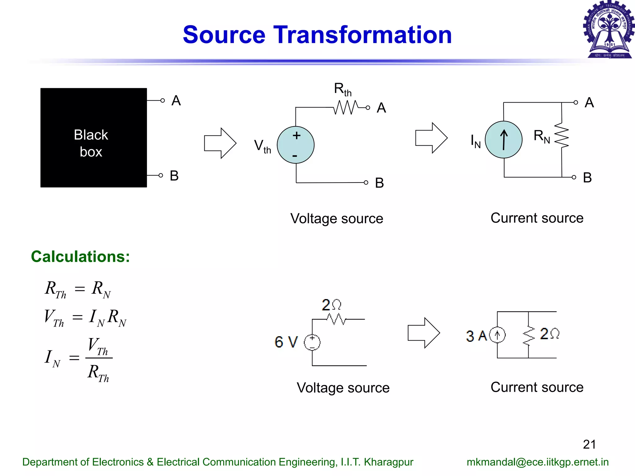 Source Transformation
Department of Electronics & Electrical Communication Engineering, I.I.T. Kharagpur mkmandal@ece.iitkgp.ernet.in
+
-
Vth
Rth
A
B
A
B
Black
box
IN
RN
A
B
Voltage source Current source
Th N
Th N N
Th
N
Th
R R
V I R
V
I
R
=
=
=
Calculations:
21
Voltage source Current source
 