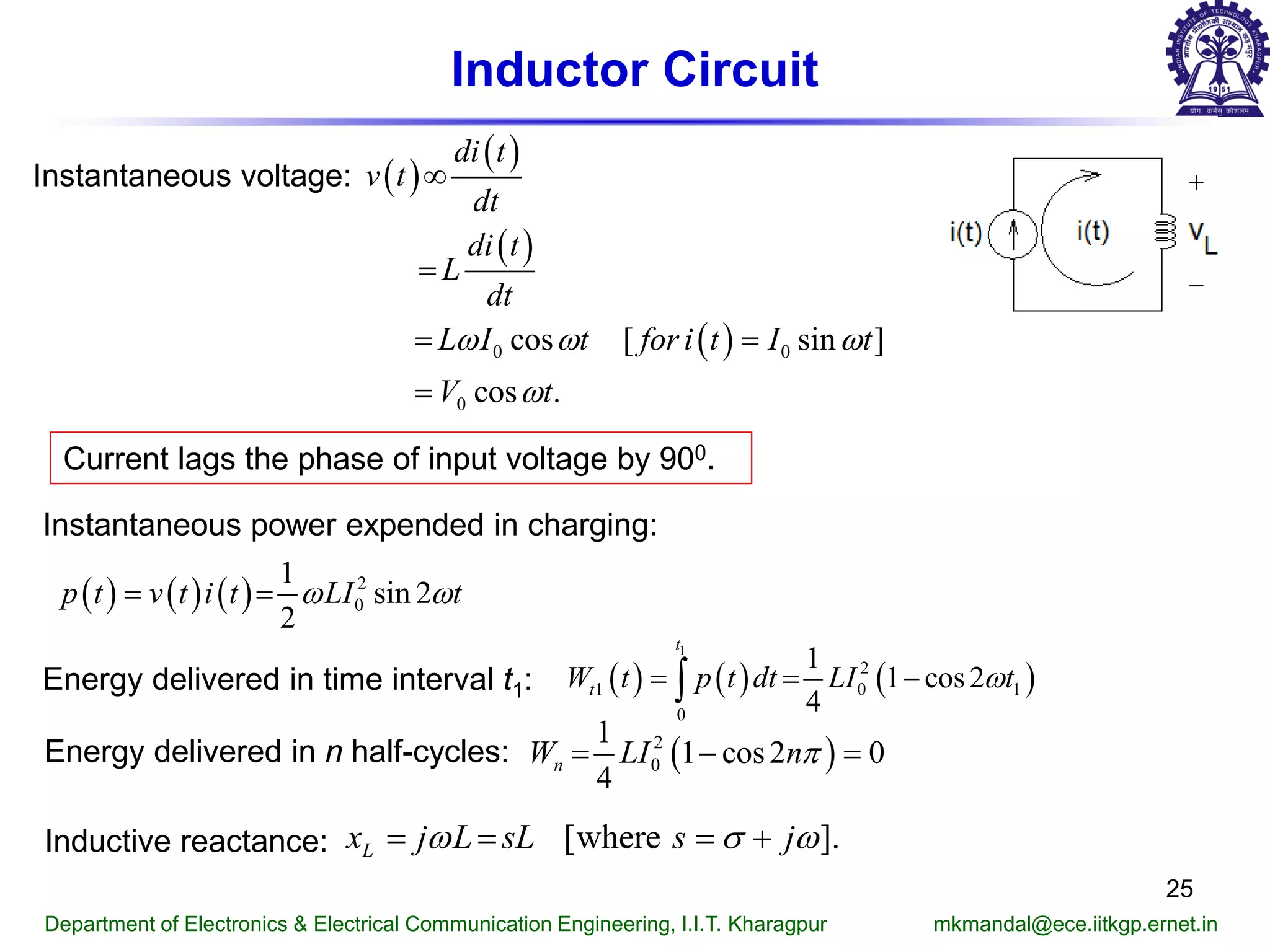Inductor Circuit
( )
( )
( )
( )0 0
0
cos [ sin ]
cos .
di t
v t
dt
di t
L
dt
L I t for i t I t
V t
ω ω ω
ω
∞
=
= =
=
Current lags the phase of input voltage by 900.
[where ].Lx j L sL s jω σ ω= = = +Inductive reactance:
Department of Electronics & Electrical Communication Engineering, I.I.T. Kharagpur mkmandal@ece.iitkgp.ernet.in
Instantaneous voltage:
( ) ( ) ( ) 2
0
1
sin 2
2
p t v t i t LI tω ω= =
Instantaneous power expended in charging:
Energy delivered in time interval t1: ( ) ( ) ( )
1
2
1 0 1
0
1
1 cos2
4
t
tW t p t dt LI tω= = −∫
Energy delivered in n half-cycles: ( )2
0
1
1 cos2 0
4
nW LI nπ= − =
25
 