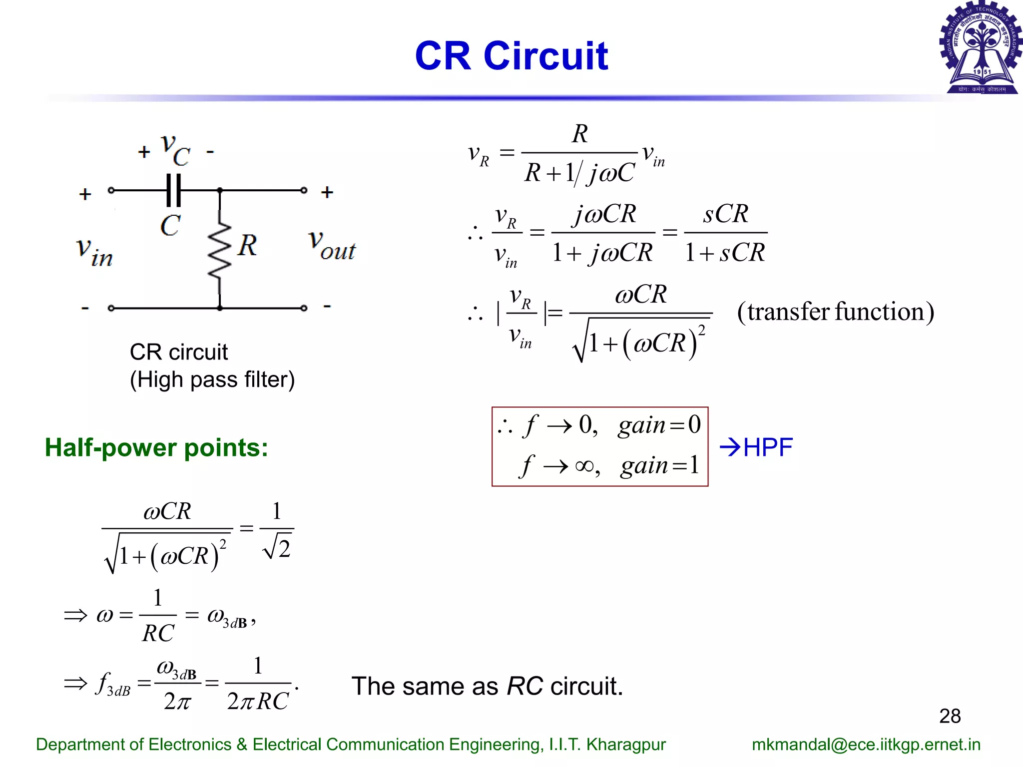 CR Circuit
( )
2
1
1 1
| | (transfer function)
1
R in
R
in
R
in
R
v v
R j C
v j CR sCR
v j CR sCR
v CR
v CR
ω
ω
ω
ω
ω
=
+
∴= =
+ +
∴ =
+
0, 0
, 1
f gain
f gain
∴ → =
→ ∞ =
CR circuit
Half-power points:
( )
2
3
3
3
1
21
1
,
1
.
2 2
d
d
dB
CR
CR
RC
f
RC
ω
ω
ω ω
ω
π π
=
+
⇒ = =
⇒ = =
B
B
The same as RC circuit.
CR circuit
(High pass filter)
Department of Electronics & Electrical Communication Engineering, I.I.T. Kharagpur mkmandal@ece.iitkgp.ernet.in
28
HPF
 