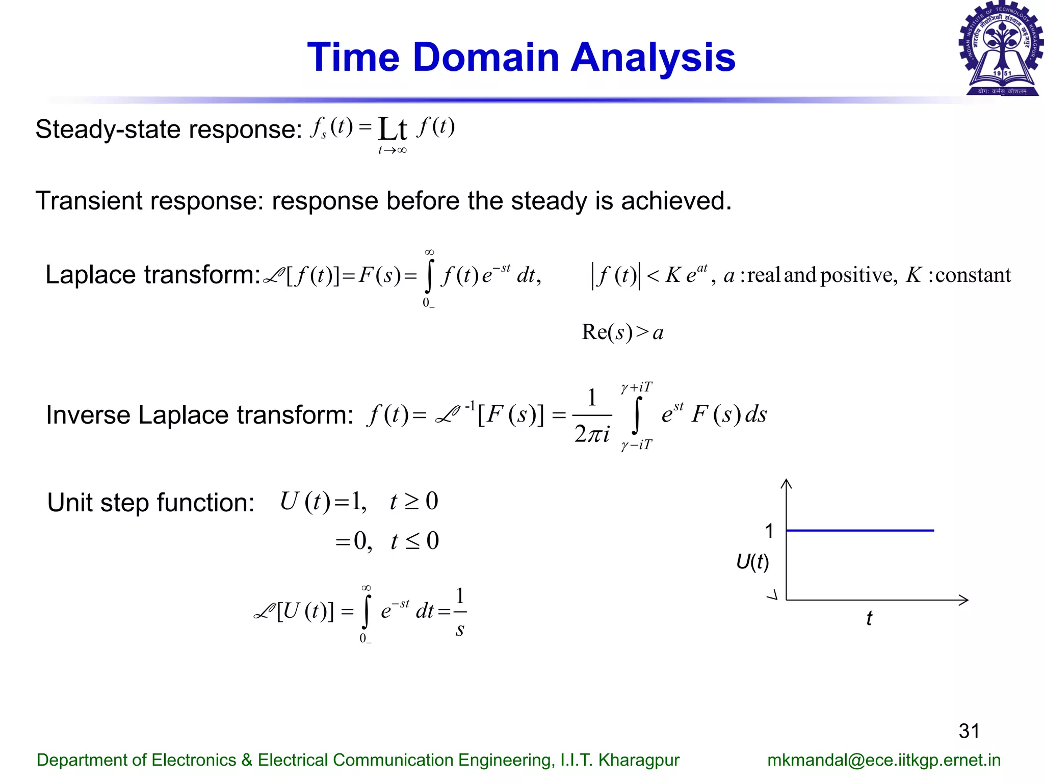 Time Domain Analysis
Department of Electronics & Electrical Communication Engineering, I.I.T. Kharagpur mkmandal@ece.iitkgp.ernet.in
31
Steady-state response: ( ) ( )Lts
t
f t f t
→∞
=
Transient response: response before the steady is achieved.
Laplace transform:
0
[ ( )] ( ) ( ) , ( ) , :realand positive, :constant
Re( )>
st at
f t F s f t e dt f t K e a K
s a
−
∞
−
= = <∫L
Unit step function: ( ) 1, 0
0, 0
U t t
t
= ≥
= ≤
0
1
[ ( )] st
U t e dt
s−
∞
−
= =∫L
Inverse Laplace transform:
-1 1
( ) [ ( )] ( )
2
iT
st
iT
f t F s e F s ds
i
γ
γπ
+
−
= = ∫L
U(t)
t
1
 