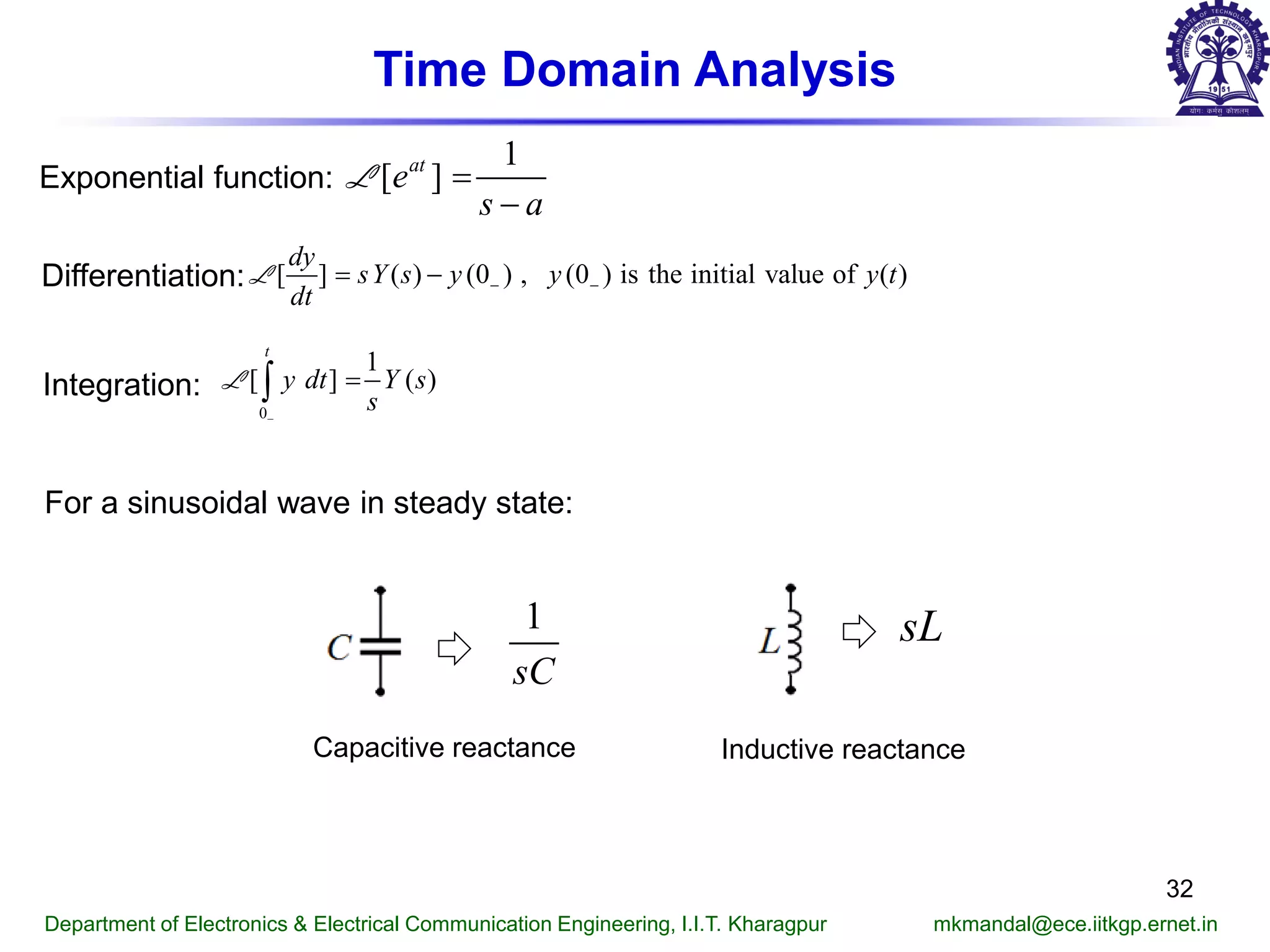 Time Domain Analysis
Department of Electronics & Electrical Communication Engineering, I.I.T. Kharagpur mkmandal@ece.iitkgp.ernet.in
32
Differentiation: [ ] ( ) (0 ) , (0 ) is the initial value of ( )
dy
sY s y y y t
dt
− −= −L
Integration:
0
1
[ ] ( )
t
y dt Y s
s−
=∫L
1
[ ]at
e
s a
=
−
LExponential function:
For a sinusoidal wave in steady state:
1
sC
sL
Capacitive reactance Inductive reactance
 