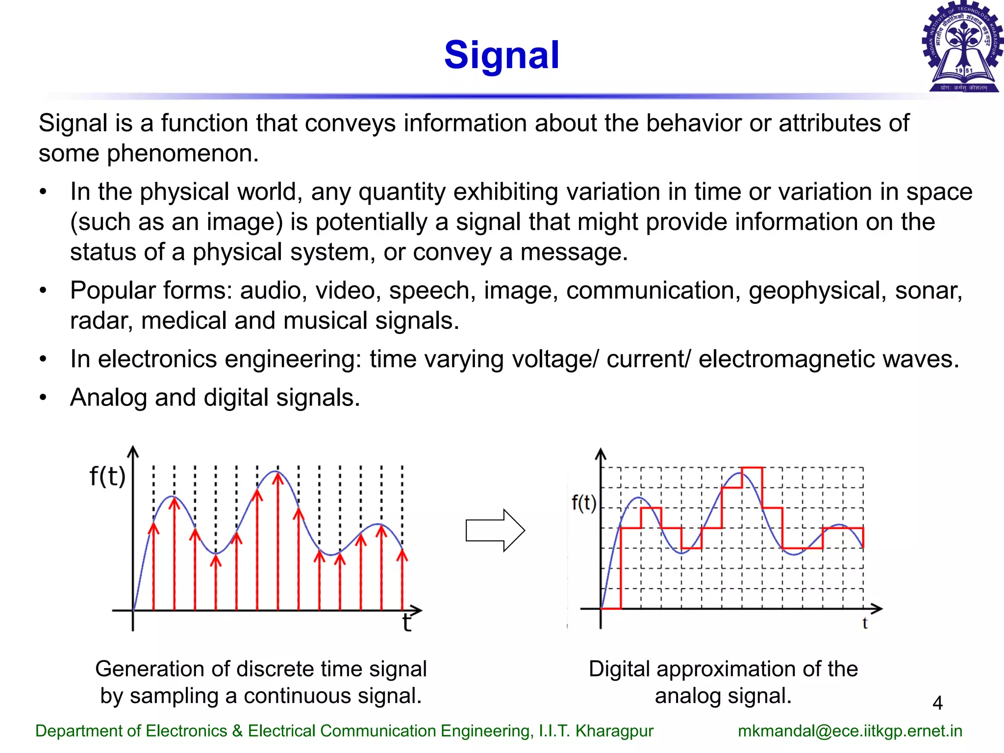 Signal
Generation of discrete time signal
by sampling a continuous signal.
Department of Electronics & Electrical Communication Engineering, I.I.T. Kharagpur mkmandal@ece.iitkgp.ernet.in
4
Signal is a function that conveys information about the behavior or attributes of
some phenomenon.
• In the physical world, any quantity exhibiting variation in time or variation in space
(such as an image) is potentially a signal that might provide information on the
status of a physical system, or convey a message.
• Popular forms: audio, video, speech, image, communication, geophysical, sonar,
radar, medical and musical signals.
• In electronics engineering: time varying voltage/ current/ electromagnetic waves.
• Analog and digital signals.
Digital approximation of the
analog signal.
 