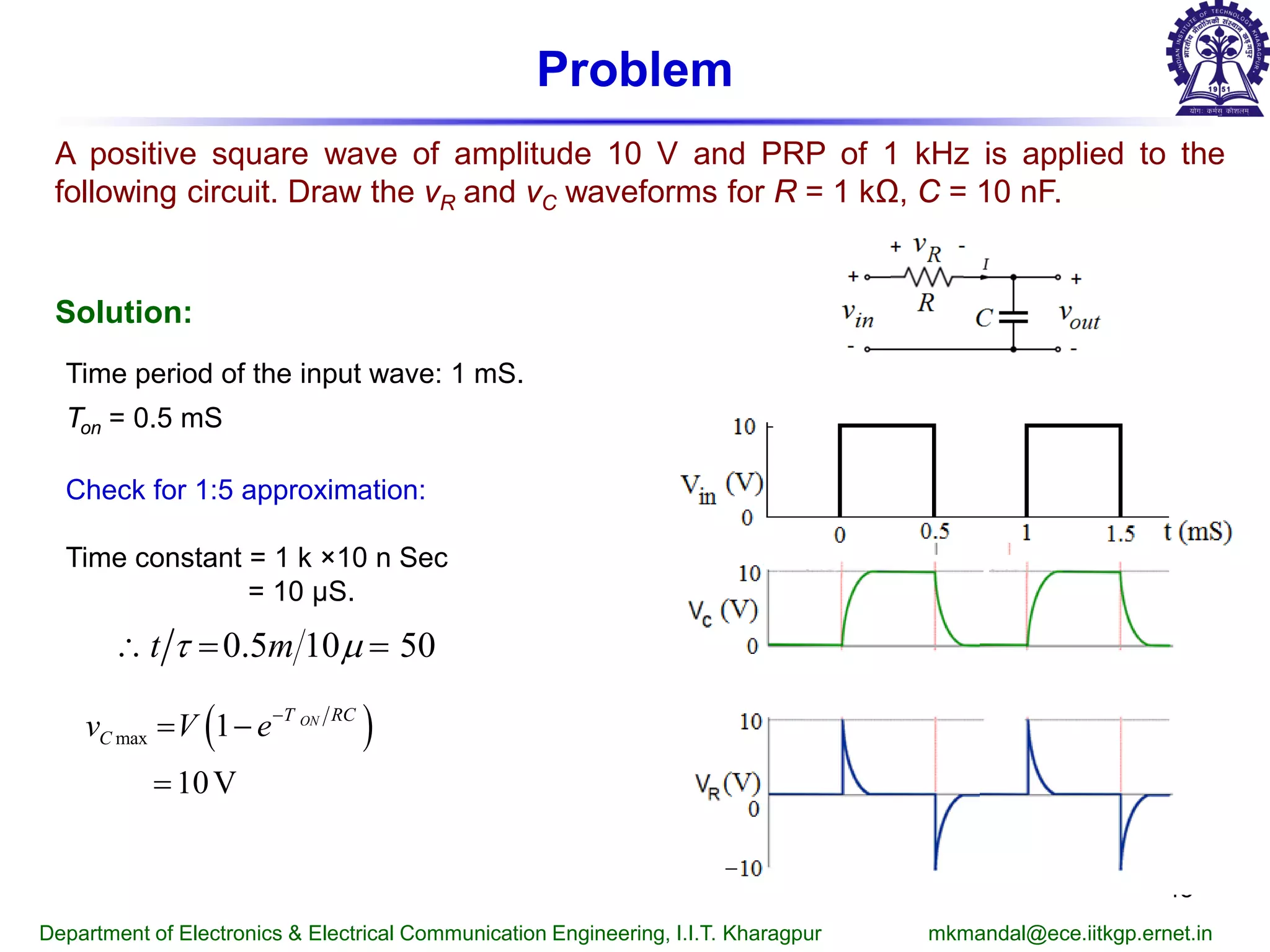 Problem
A positive square wave of amplitude 10 V and PRP of 1 kHz is applied to the
following circuit. Draw the vR and vC waveforms for R = 1 kΩ, C = 10 nF.
Solution:
Time period of the input wave: 1 mS.
Ton = 0.5 mS
Check for 1:5 approximation:
Time constant = 1 k ×10 n Sec
= 10 μS.
Department of Electronics & Electrical Communication Engineering, I.I.T. Kharagpur mkmandal@ece.iitkgp.ernet.in
43
( )max 1
10V
ONT RC
Cv V e−
= −
=
0.5 10 50t mτ µ∴= =
 